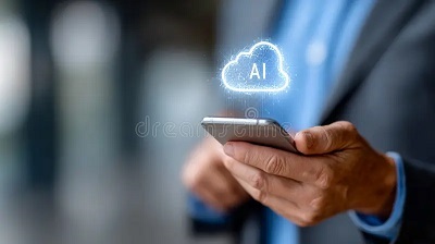 hombre con smartphone y nube de ia un sostiene que muestra símbolo inteligencia artificial en la mostrando tecnología moderna 398592034